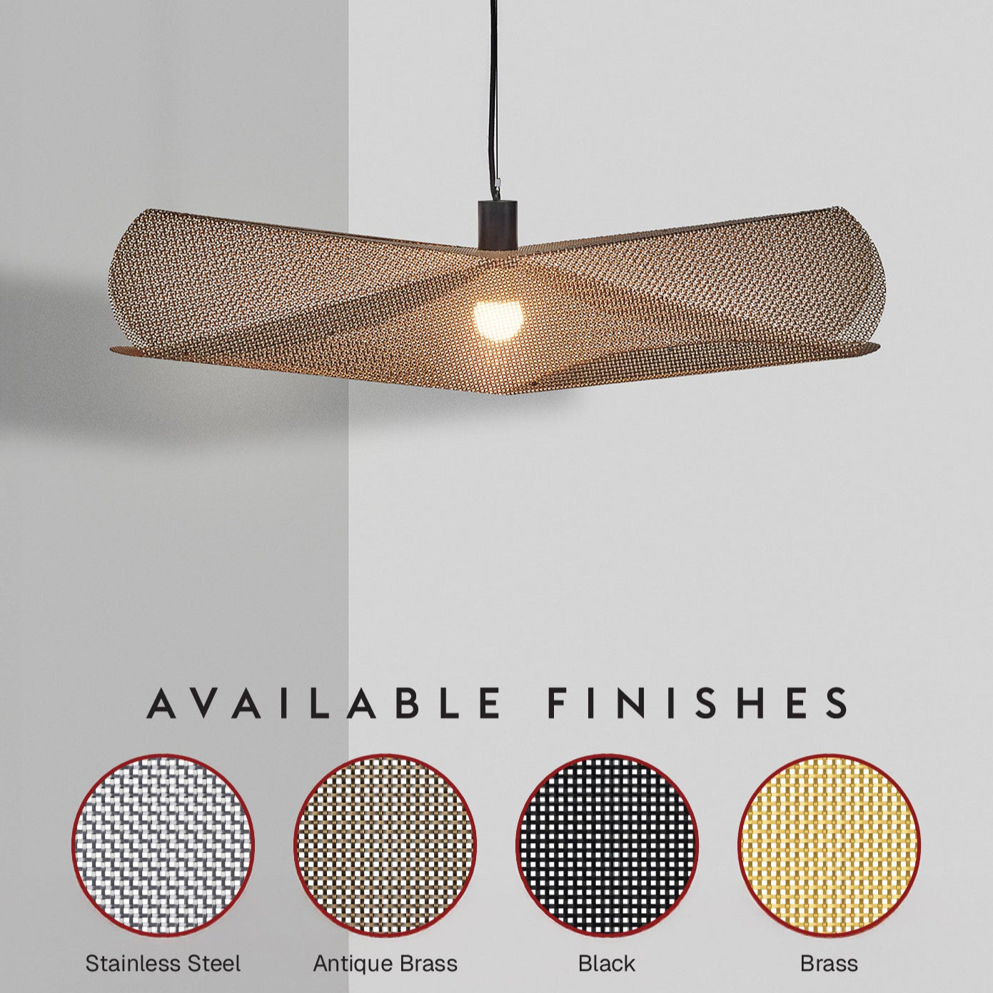 Toki pendant light with mesh design on a gray background, showing available finishes.